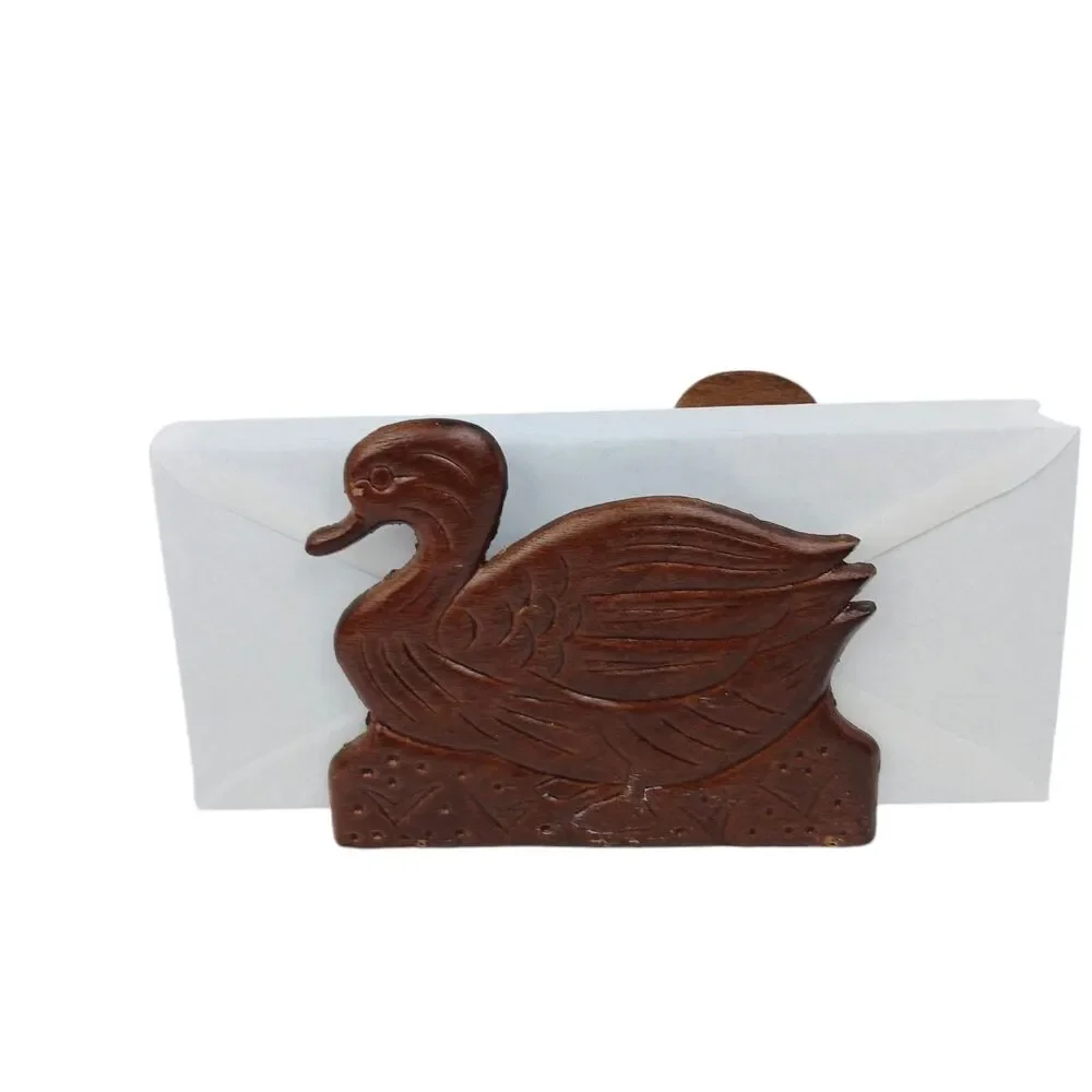 Vintage Wooden Duck Mallard Napkin Mail Holder Carved Office MCM